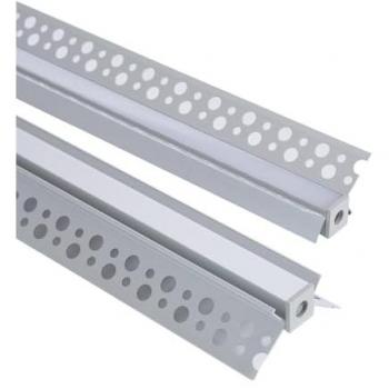 Perfil de Aluminio para Integración en Escayola/Pladur con Tapa Continua para Esquina Interior, Tira LED hasta 9 mm, 10 m Semi-transparente
