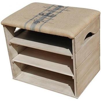ZAPATERO de MADERA (Blanco Envejecido), con ASIENTO Acolchado Recubierto de Tela. Guardar y Ordenar calzado. Pino Nórdico Macizo - LIZA - 51 x 47 x 35 cm