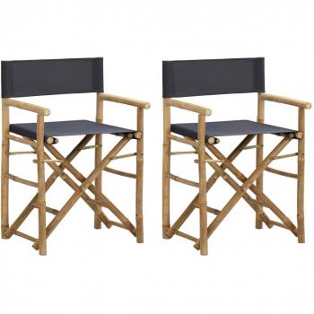 Folding Director's Chairs - Dark Grey Bamboo and Fabric (Set of 2)