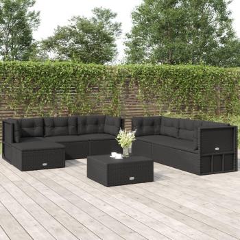 7 Piece Black Poly Rattan Outdoor Lounge Set with Cushions