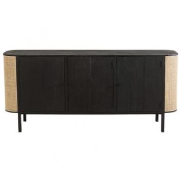 Aparador 3 puertas Molly en madera exótica y ratán negro, estilo exótico, 180 x 80 x 45,5 cm