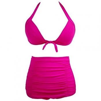 Solid Rosy plisado cintura alta bikini Bañador Tamaño 14