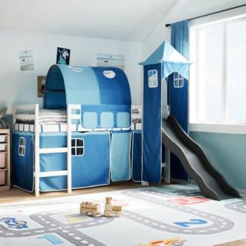 Cama alta para niños con torre de madera de pino azul 90x200 cm