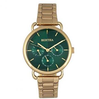 Bertha Gwen Women's Gold Stainless Steel Leather-Band Quartz Watch with Day & Date