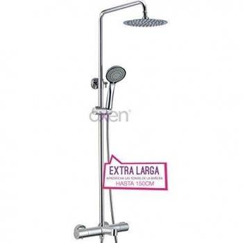 Columna de ducha termostática extralarga GAS diseño redondo. Tubo regulable en altura de 100 a 150 cm. exclusiva para bañeras. Rociador y ducha de mano diseño redondos. Repuestos garantizados