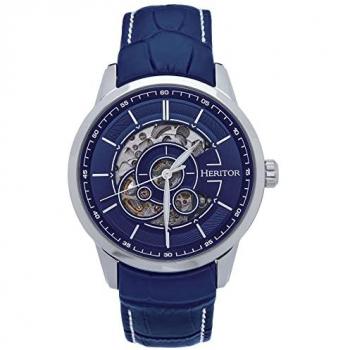 Heritor Automatic Men's Semi-Skeleton Leather Band Watch - Navy/Silver