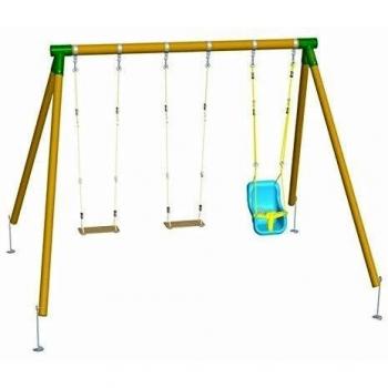 | MASGAMES | Columpio de madera triple ETNA | 2 asientos planos de plástico + silla de bebé con respaldo | madera tratada | anclajes incluidos | uso doméstico |