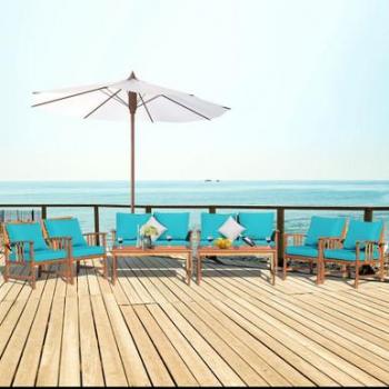 Teak and Turquoise Cushion 8-Piece Patio Furniture Set