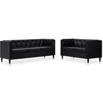 vidaXL Set Sofás 2 Piezas Tapizado de Cuero Sintético Negro Asientos Sillones