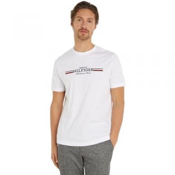 Camiseta de Manga Corta Tommy Hilfiger con Logo y Rayas en Color Blanco, Talla L, Corte Regular para Hombre