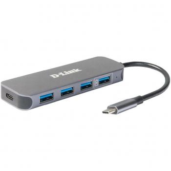 D-Link DUB-2340 Hub USB Tipo C a 4 Puertos USB 3.0 con Power Delivery de 60W Gris