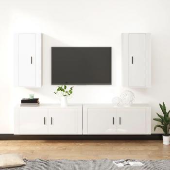 vidaXL Set de muebles para TV 4 piezas madera contrachapada blanca brillo, Mueble de salón, Mueble TV, Mesa de TV