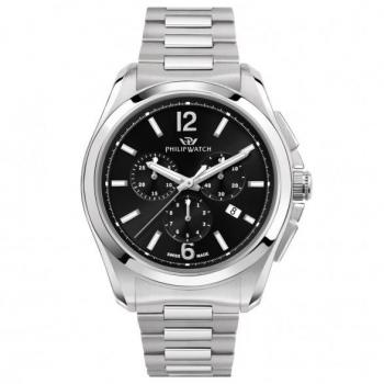 Reloj Hombre Philip Watch AMALFI CHRONO Negro Plateado Ø 43 mm, cronógrafo, caja de acero inoxidable, resistencia al agua hasta 100 metros, esfera negra con detalles plateados, correa de acero inoxidable