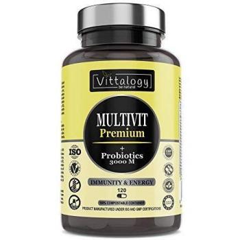 Vittalogy Multivit Premium. Multivitaminas Con Sales Minerales y Probióticos. Combate El Cansancio Y Aumenta Las Defensas. Hombre Y Mujer. Mejora En El Deporte Y Estudio. 120 Cápsulas.