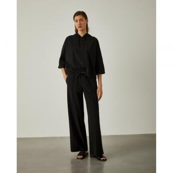 Lion of Porches - Pantalón palazzo de mujer negro con cintura elástica y cordón de ajuste
