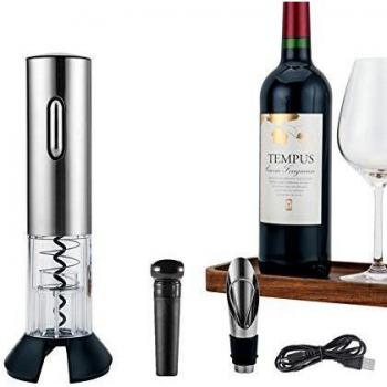 Zoutt Sacacorchos Eléctrico,Abridor de Botellas, Abrebotellas Electrico recargable,abridor de Vino, Tapón Silicona y Vertedor de Vino, USB Cable de Carga Acero Inoxidable