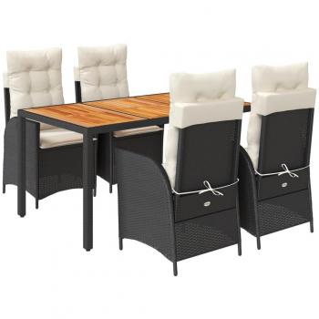 5-Piece Black Poly Rattan Garden Dining Set with Cushions