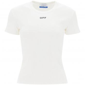 Off-White Ribbed T-Shirt with Off Embroidery - Size 38 White