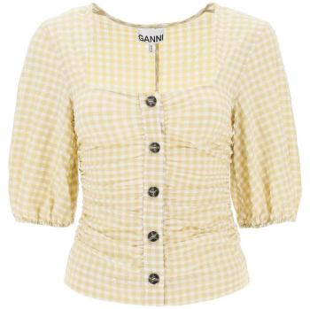 Ganni Gingham Gathered Blouse - White - Size 38 (6) / Ganni Stretch Seersucker Puff Sleeve Top - Pale Khaki - Size 38 (6)
