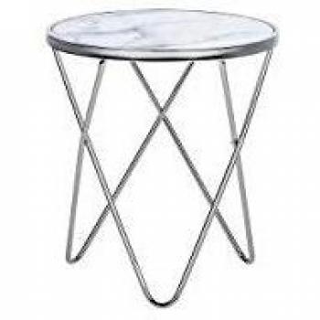 Mesa Auxiliar Redonda de Vidrio Templado Efecto Mármol Blanco con Patas de Metal Plateado Meridian II