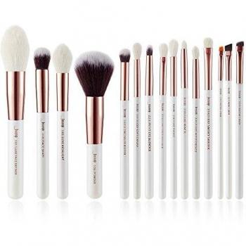 Jessup - Juego de 15 brochas de maquillaje profesional, de color blanco perla/oro rosa, juego de herramientas de maquillaje para base de maquillaje y definidor de polvos T222