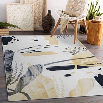Alfombra Lavable Andre 1097 Antideslizante Abstracción Blanco/Amarillo 120x170 cm