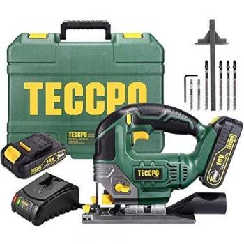 18V Sierra de Calar inalámbrica, TECCPO Sierra de Calar con 2x2.0Ah Batería, 0~2300SPM, Luz LED, Carrera Recíproca de 22mm, Corte para Madera: 90mm, 6 Hojas de Sierra, Corte en Bisel 45 ° -TDJA22P