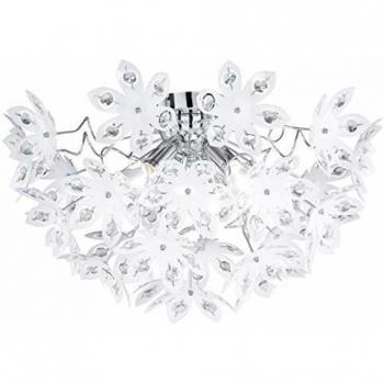 Plafoniera Blowball de 3 luces, metal cromado y flores acrílicas blancas, diámetro 55 cm