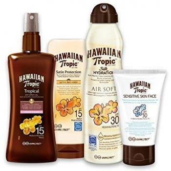 HAWAIIAN Tropic Pack Media Protección - Kit con Aceite Seco Bronceador Spray Spf 15 + Satin Ultra Radiance Spf 15 + Bruma Silk Hydration Air Soft Spf 30 + Sensitive Skin Spf 50, Crema