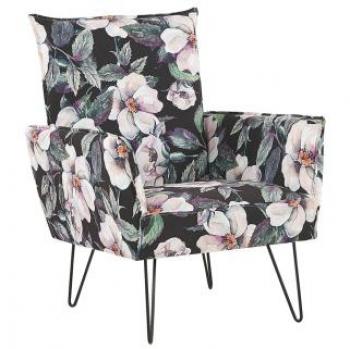 Sillón tapizado de tela negra patrón floral moderno con apoyabrazos y patas de madera Ribe - Beliani