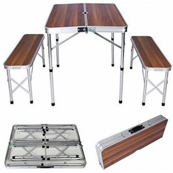 Mesa Plegable de Camping con 2 Bancos, Aluminio Efecto Madera, Portátil, 90x66x70cm