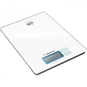 Sytech SYBS516BL Foodeasy Báscula de Cocina Digital Slim Rectangular, Capacidad 5 Kg, Colores Negro/Gris/Blanco, Superficie de Vidrio Templado, 4 Sensores