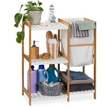 Estantería de baño con cesto de la colada, abierta y de pie, en bambú y MDF, 76 x 65,5 x 33 cm, marrón y blanco - Relaxdays