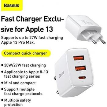 Cargador Baseus 30W USB Tipo C con carga rápida QC3.0 y PD3.0 para iPhone 15, color blanco. Funda MYCARRYINGCASE compatible con iPad de 2ª, 3