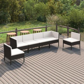 6-Piece Black Poly Rattan Garden Lounge Set with Cushions