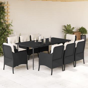 9-Piece Black Poly Rattan Garden Dining Set with Cushions