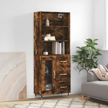 Aparador alto de madera contrachapada 69,5x34x180 cm con 1 puerta de cristal y 3 cajones, mueble de almacenaje para salón en color roble ahumado