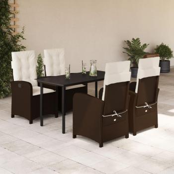 5-Piece Brown Poly Rattan Garden Dining Set with Cushions