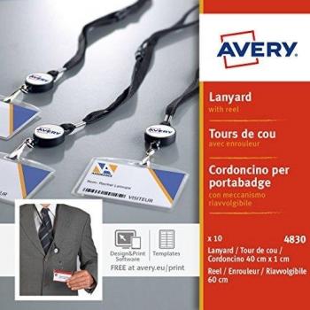 Avery Dennison España 4830 - Pack de 10 cordones con mecanismo enrollador para porta-identificativos, color negro