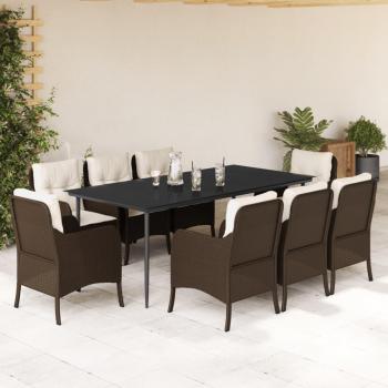 9-Piece Brown Poly Rattan Garden Dining Set with Cushions