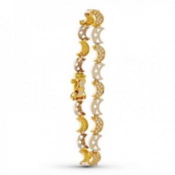 Pulsera Oro 18k Bicolor Medias Lunas Circonitas Dibujos Calados