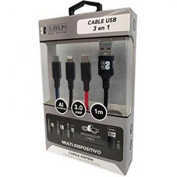 SUBBLIM Cable 3en1 Micro USB/Type C/Lighting 3.0 1 M Black