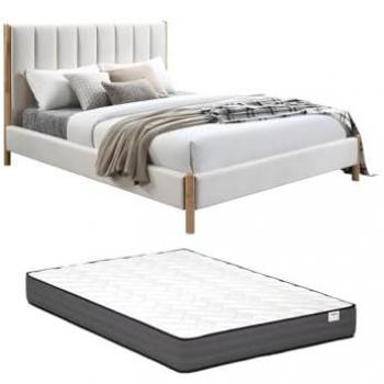 Cama 160 x 200 cm con cabecero acolchado de terciopelo marfil y colchón SIZAMA