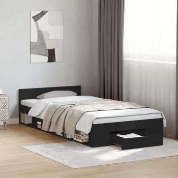 Cama de madera de ingeniería negra con cajón 90x190 cm