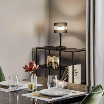 Lámpara de mesa Helam Helen con pantalla textil redonda en negro y dorado de 20 cm