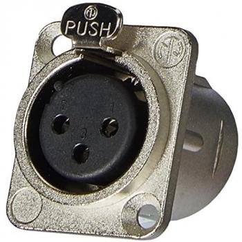 Base XLR Hembra 3Pin Tipo D NC3FD-LX Neutrik con características de conector chasis, 3 pines, diseño robusto y alta calidad de audio