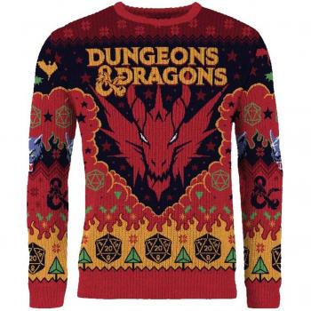 Suéter Navideño Dungeons & Dragons AAA Merchandise, 100% acrílico, diseño exclusivo de temática navideña, disponible en tallas S a XXL, color verde con estampado de personajes y elementos icónicos del juego