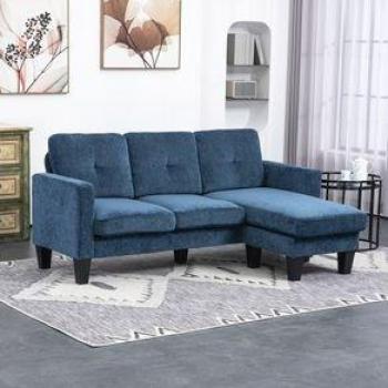 Sofá Chaiselongue Zahara Homcom 3 Plazas Reversible Azul 84X186x130 Cm