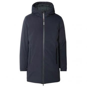 Abrigo de hombre Ecoalf Pasu con capucha, bolsillos laterales con cierre de cremallera, color azul profundo, talla S