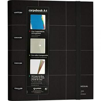 Grafoplás 88102910. Carpeta de 4 Anillas, Recambio 100 Hojas de 90 Gramos, 4 Separadores Extra Gruesos y Sobre Transparente, A4, Negra, Carpebook Unequal Grid